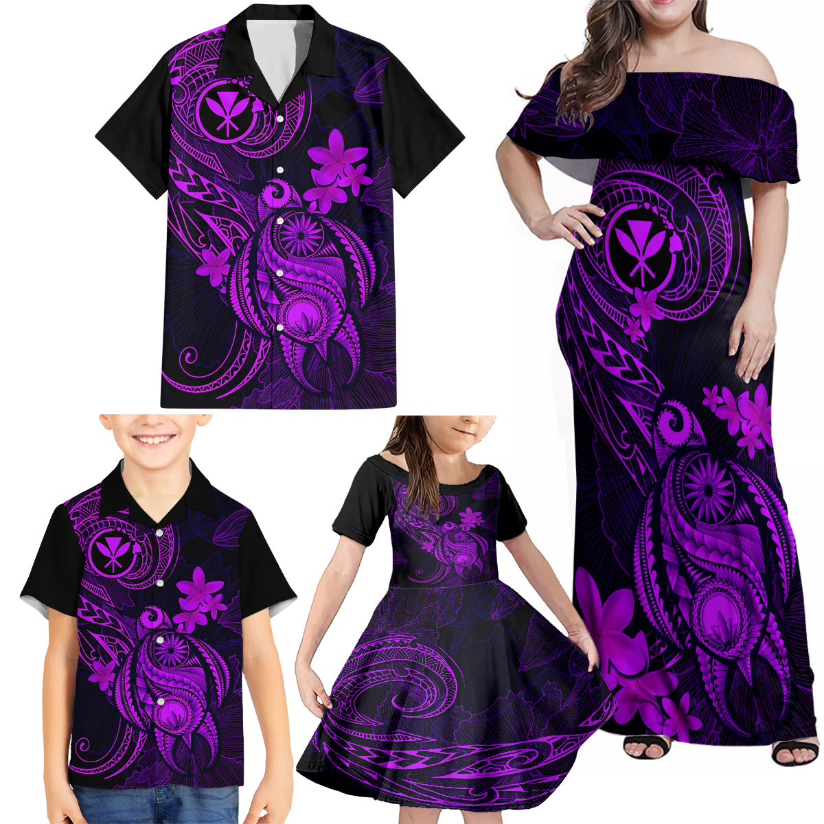 Hawaii Family Matching Off Shoulder Maxi Dress and Hawaiian Shirt Turtle Mix Polynesian Plumeria Purple Version - Wonder Print Shop