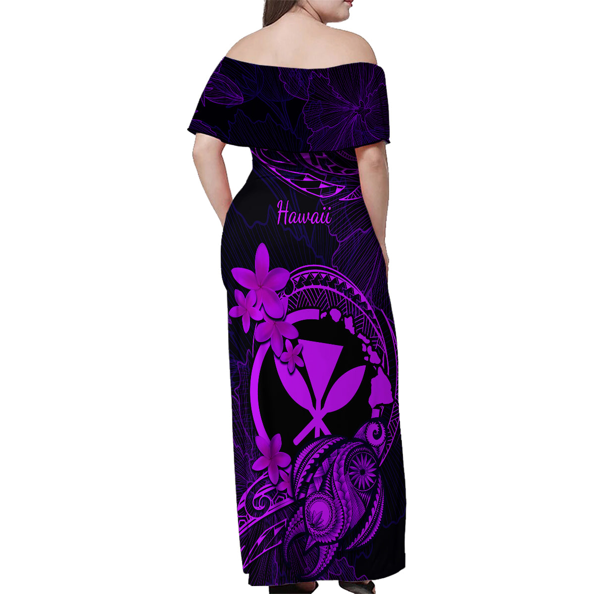 Hawaii Family Matching Off Shoulder Maxi Dress and Hawaiian Shirt Turtle Mix Polynesian Plumeria Purple Version - Wonder Print Shop