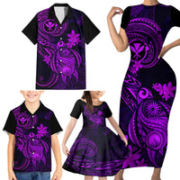 Hawaii Family Matching Short Sleeve Bodycon Dress and Hawaiian Shirt Turtle Mix Polynesian Plumeria Purple Version - Wonder Print Shop