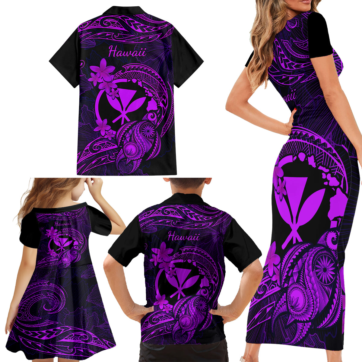 Hawaii Family Matching Short Sleeve Bodycon Dress and Hawaiian Shirt Turtle Mix Polynesian Plumeria Purple Version - Wonder Print Shop