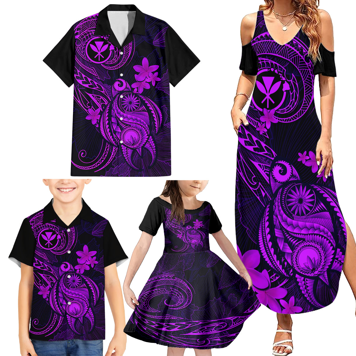 Hawaii Family Matching Summer Maxi Dress and Hawaiian Shirt Turtle Mix Polynesian Plumeria Purple Version - Wonder Print Shop