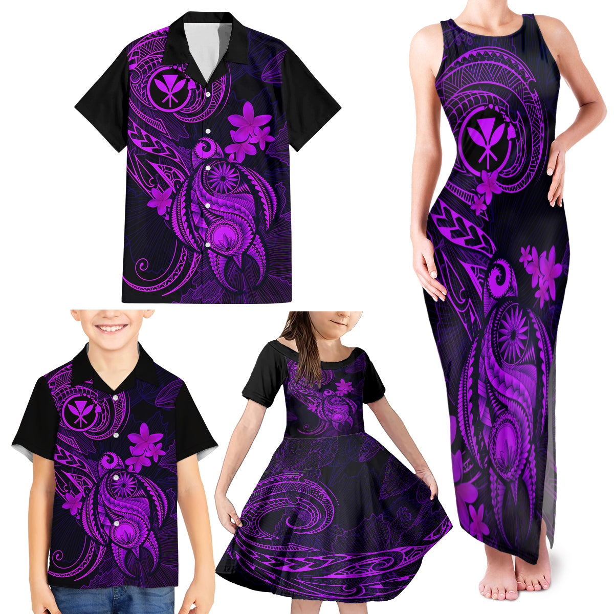 Hawaii Family Matching Tank Maxi Dress and Hawaiian Shirt Turtle Mix Polynesian Plumeria Purple Version - Wonder Print Shop