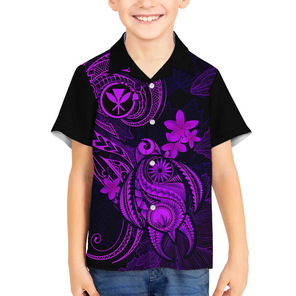 Hawaii Kid Hawaiian Shirt Turtle Mix Polynesian Plumeria Purple Version - Wonder Print Shop