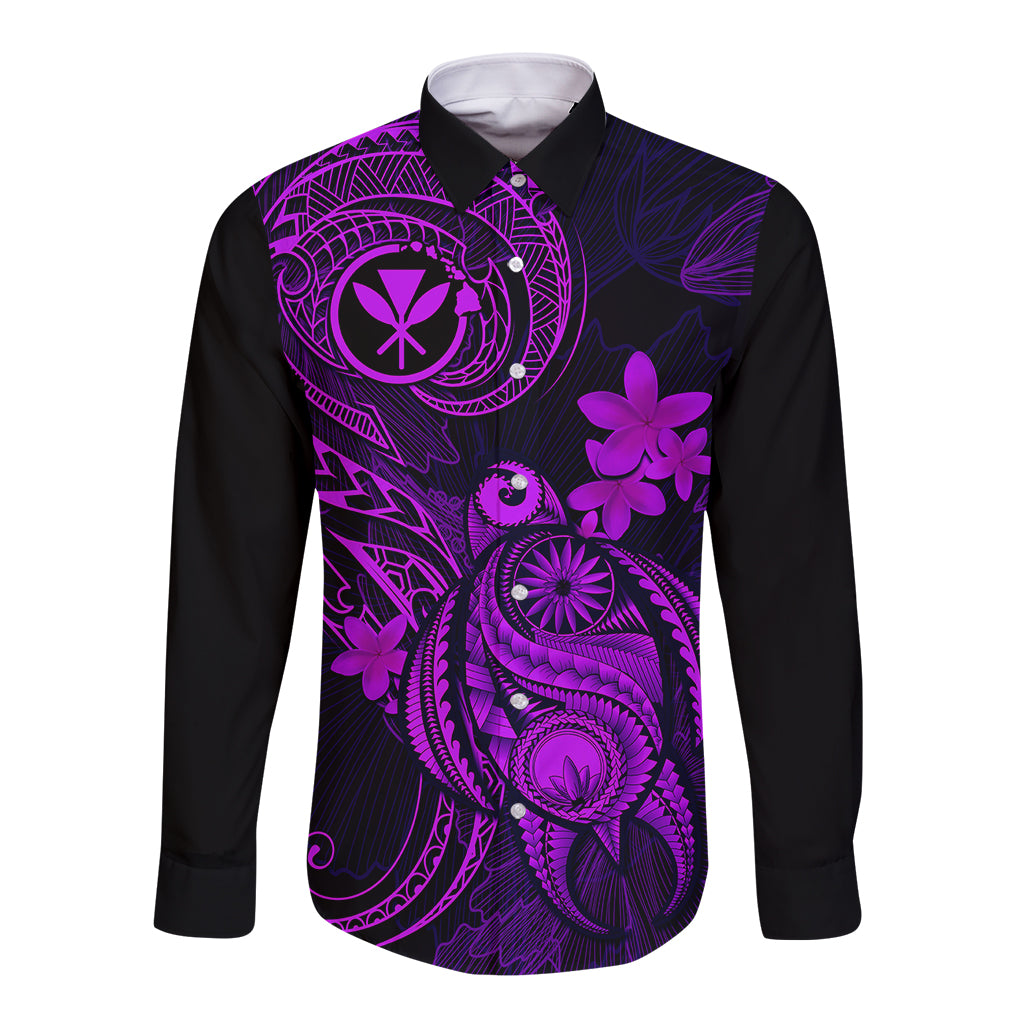 Hawaii Long Sleeve Button Shirt Turtle Mix Polynesian Plumeria Purple Version - Wonder Print Shop