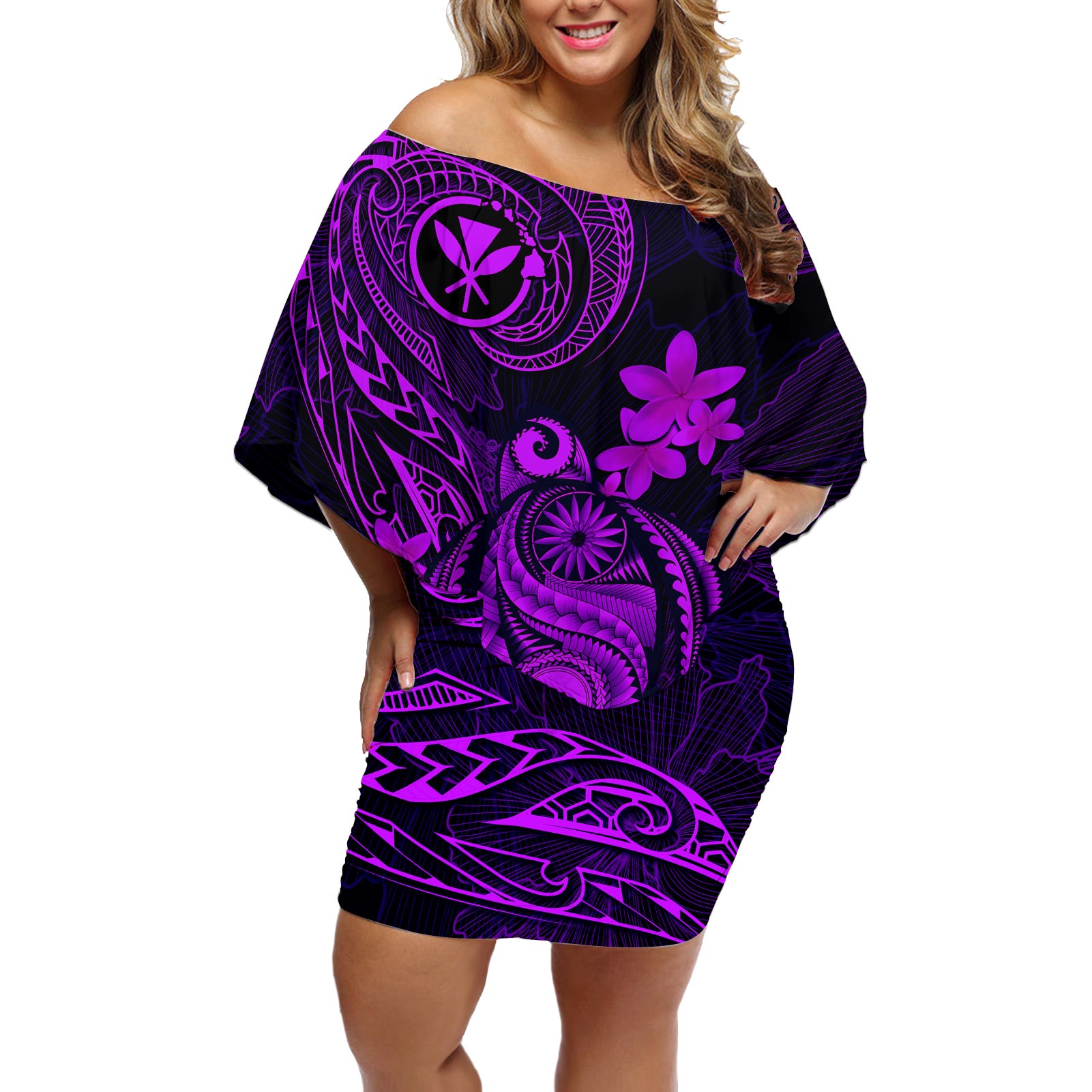 Hawaii Off Shoulder Short Dress Turtle Mix Polynesian Plumeria Purple Version - Wonder Print Shop