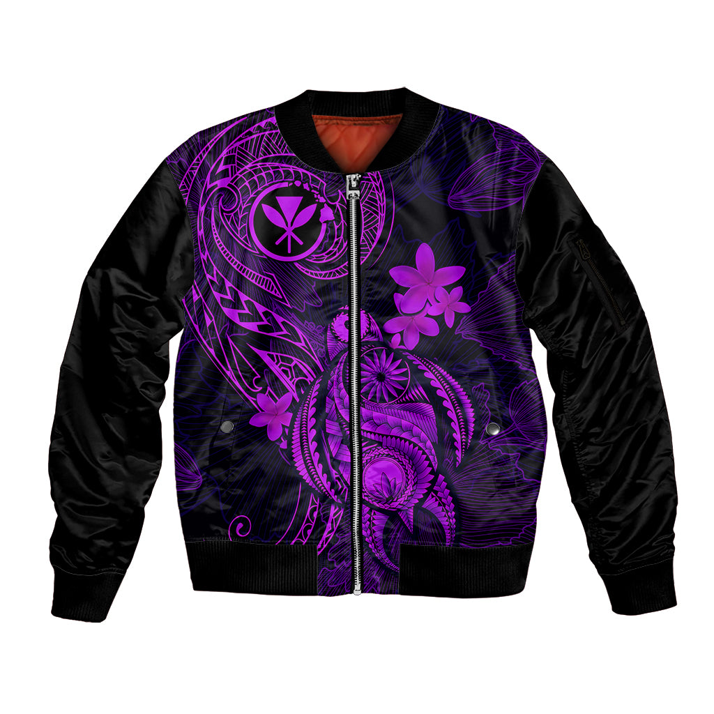 Hawaii Sleeve Zip Bomber Jacket Turtle Mix Polynesian Plumeria Purple Version - Wonder Print Shop