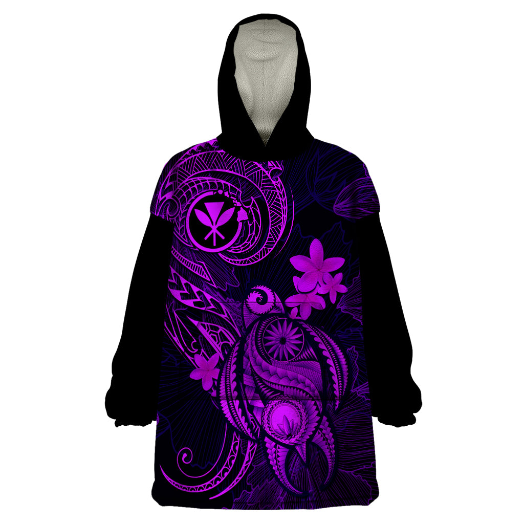 Hawaii Wearable Blanket Hoodie Turtle Mix Polynesian Plumeria Purple Version - Wonder Print Shop