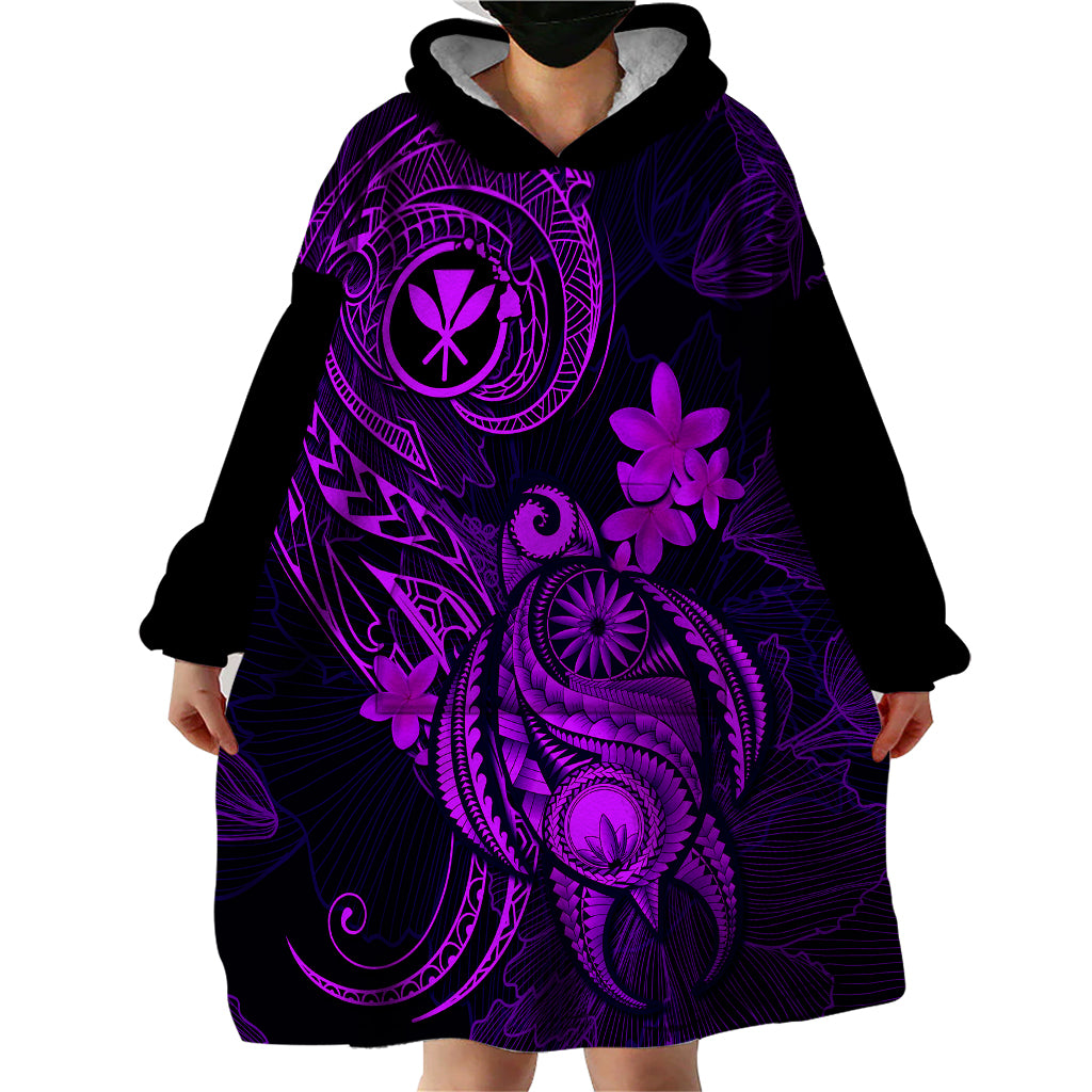 Hawaii Wearable Blanket Hoodie Turtle Mix Polynesian Plumeria Purple Version - Wonder Print Shop