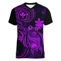 Hawaii Women V Neck T Shirt Turtle Mix Polynesian Plumeria Purple Version - Wonder Print Shop