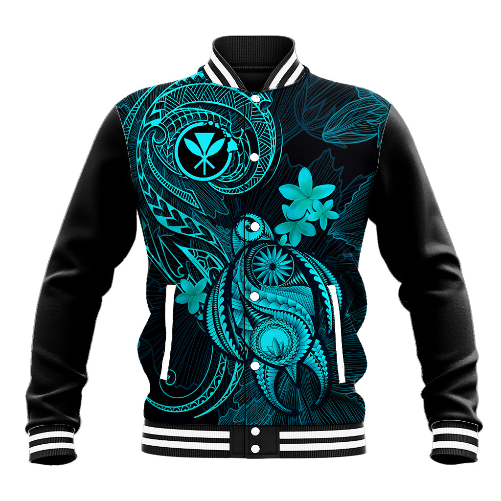 Hawaii Baseball Jacket Turtle Mix Polynesian Plumeria Turquoise Version - Wonder Print Shop