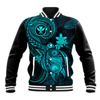 Hawaii Baseball Jacket Turtle Mix Polynesian Plumeria Turquoise Version - Wonder Print Shop
