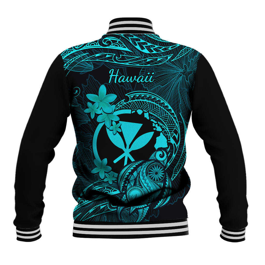 Hawaii Baseball Jacket Turtle Mix Polynesian Plumeria Turquoise Version - Wonder Print Shop
