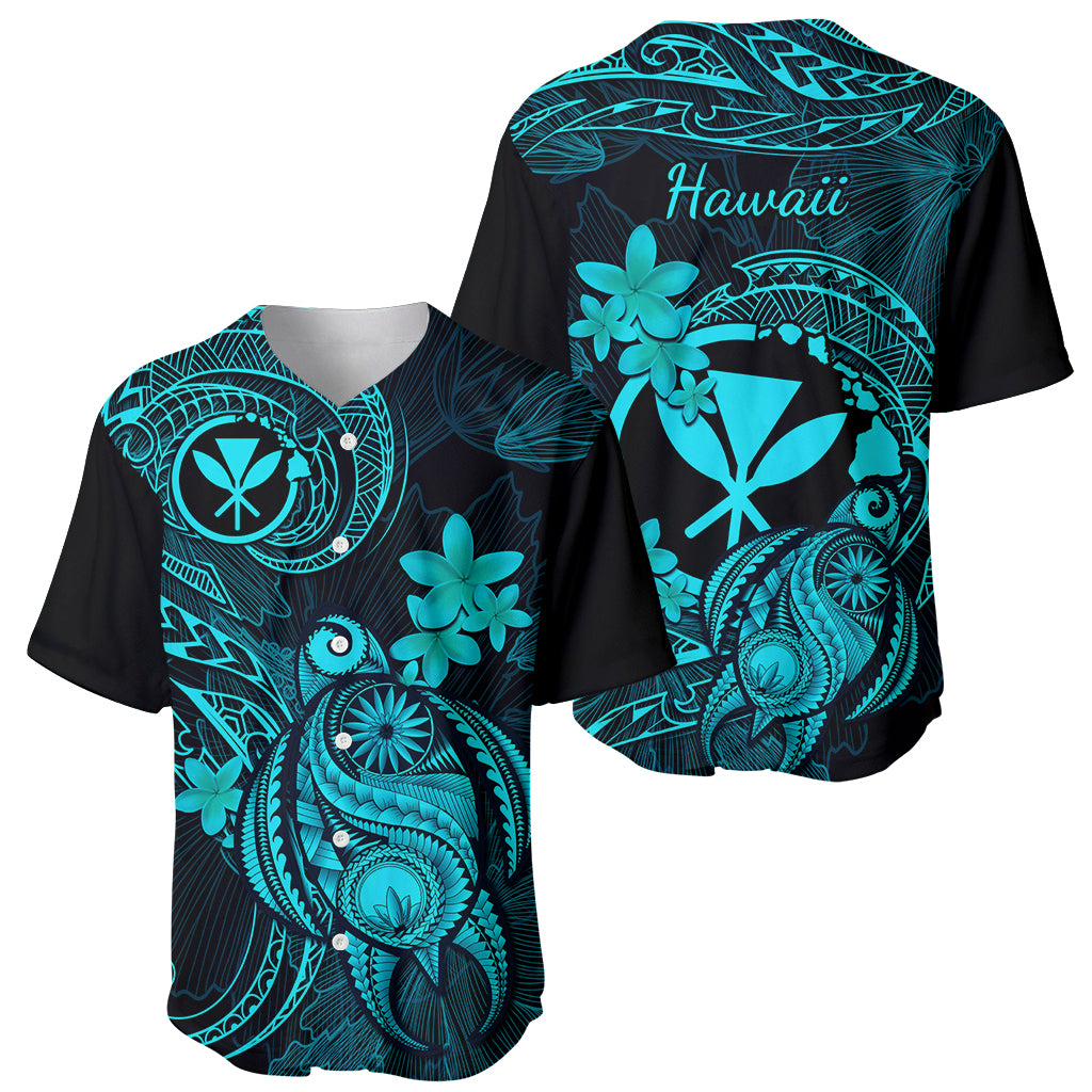 Hawaii Baseball Jersey Turtle Mix Polynesian Plumeria Turquoise Version - Wonder Print Shop