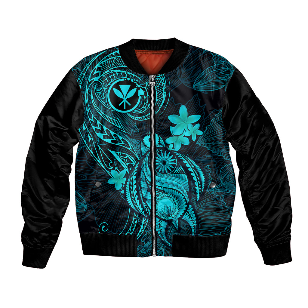 Hawaii Bomber Jacket Turtle Mix Polynesian Plumeria Turquoise Version - Wonder Print Shop