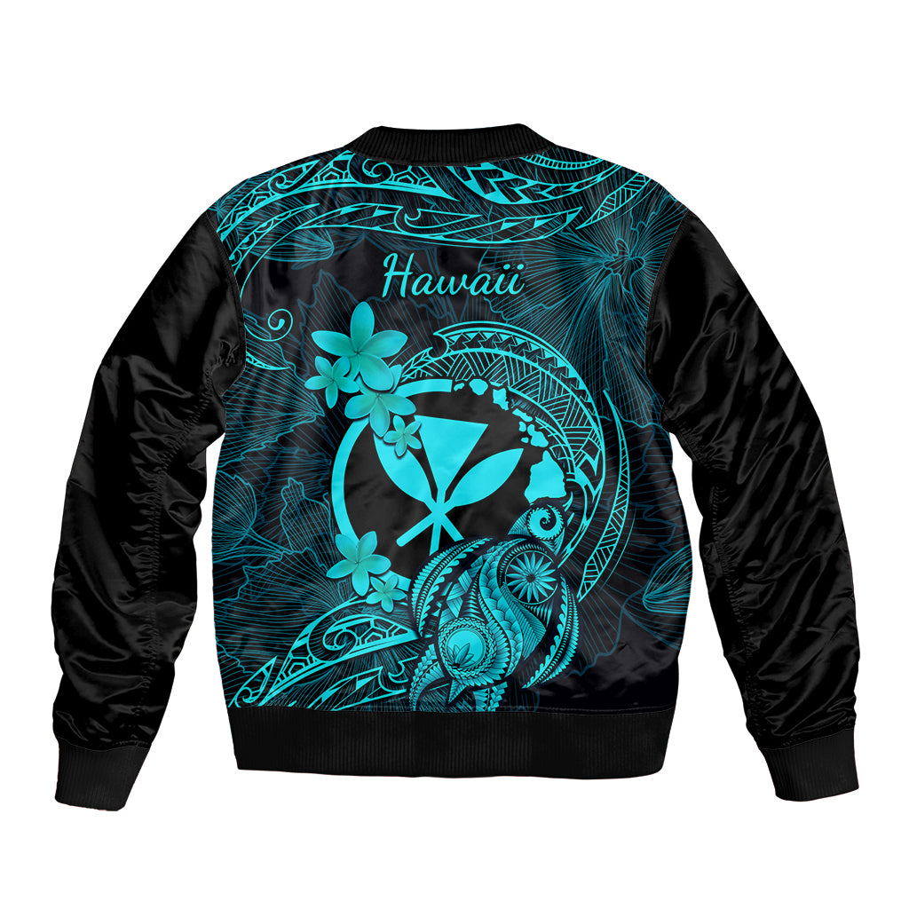 Hawaii Bomber Jacket Turtle Mix Polynesian Plumeria Turquoise Version - Wonder Print Shop