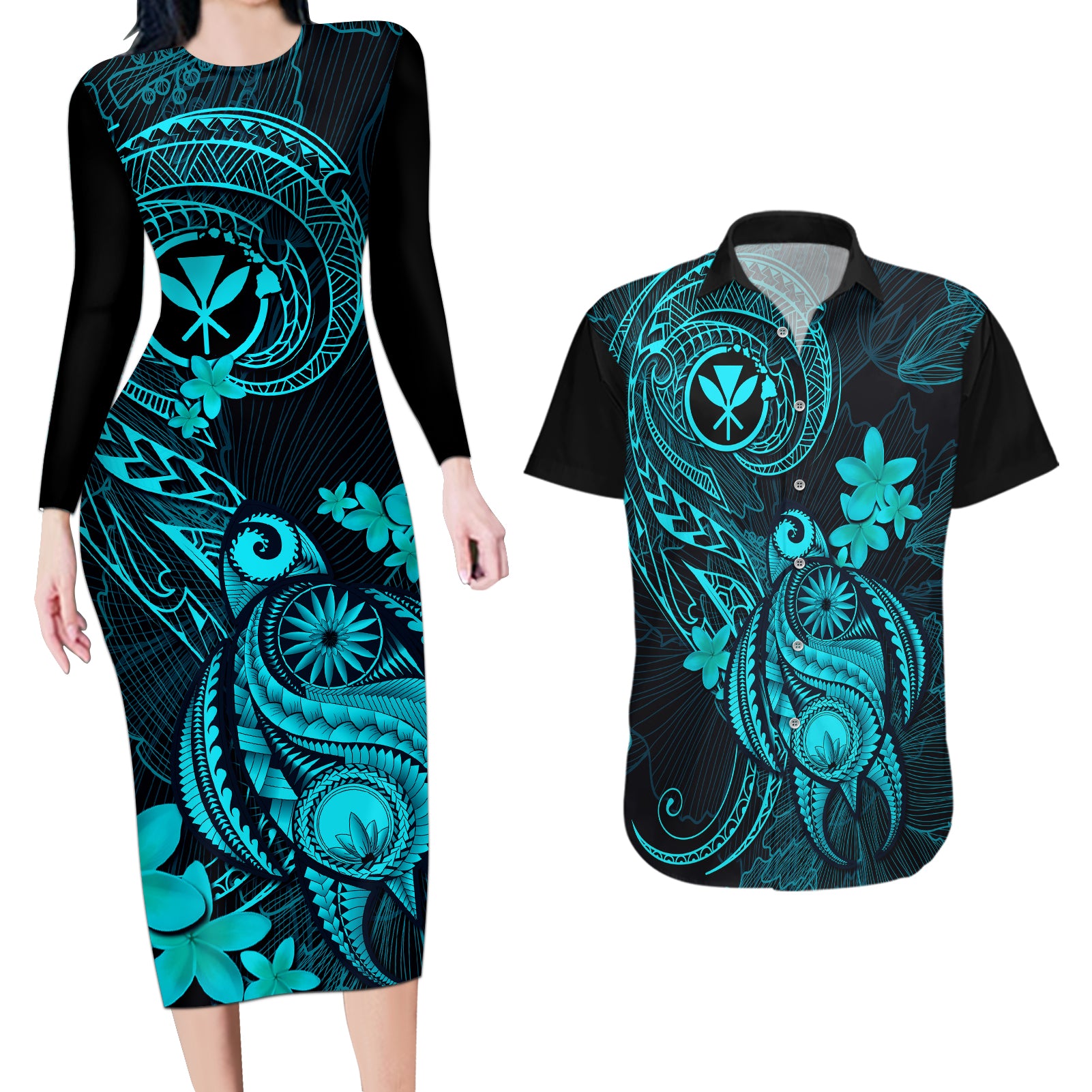 Hawaii Couples Matching Long Sleeve Bodycon Dress and Hawaiian Shirt Turtle Mix Polynesian Plumeria Turquoise Version - Wonder Print Shop