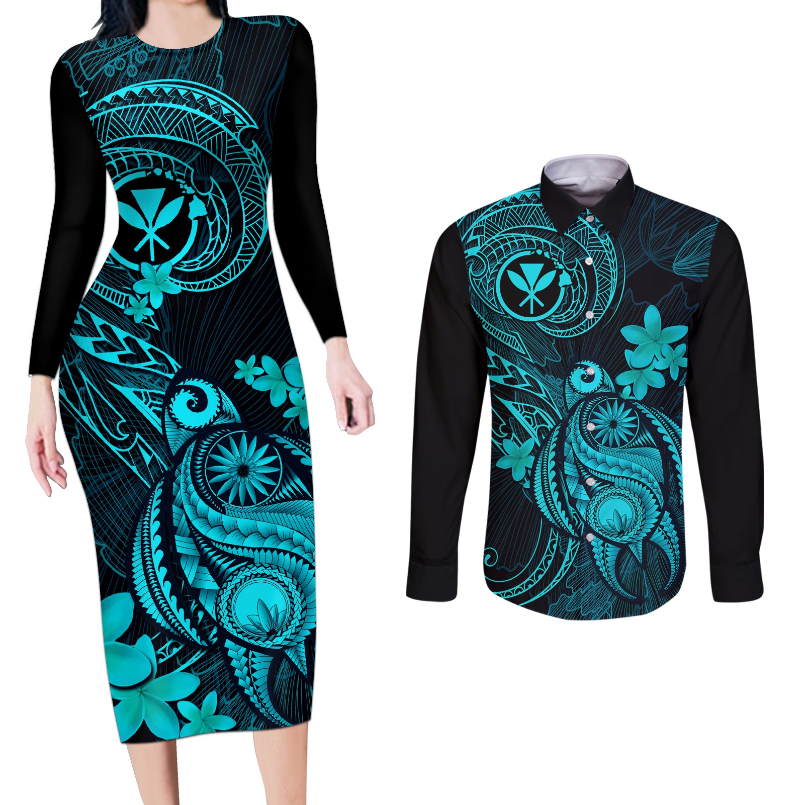 Hawaii Couples Matching Long Sleeve Bodycon Dress and Long Sleeve Button Shirts Turtle Mix Polynesian Plumeria Turquoise Version - Wonder Print Shop