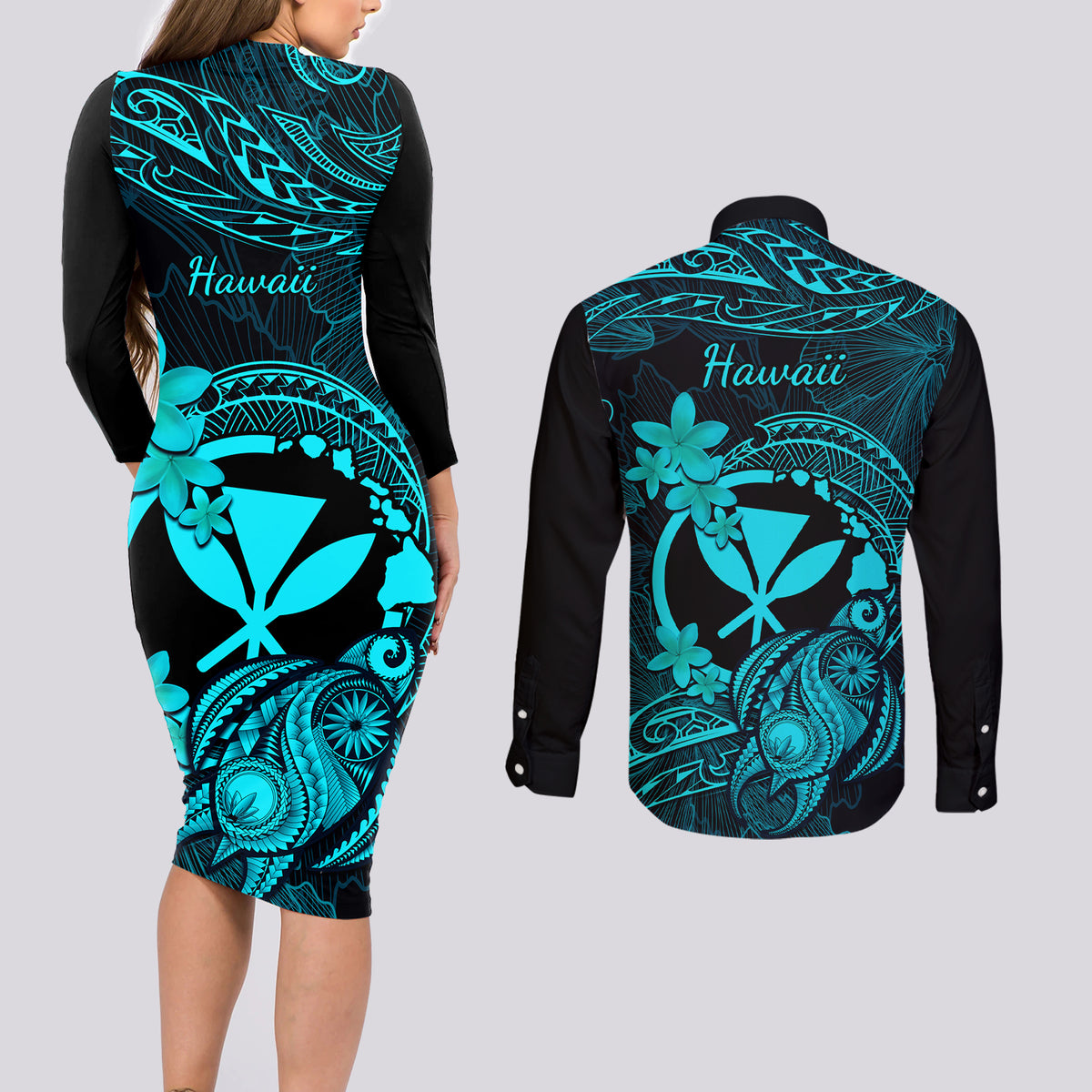 Hawaii Couples Matching Long Sleeve Bodycon Dress and Long Sleeve Button Shirts Turtle Mix Polynesian Plumeria Turquoise Version - Wonder Print Shop