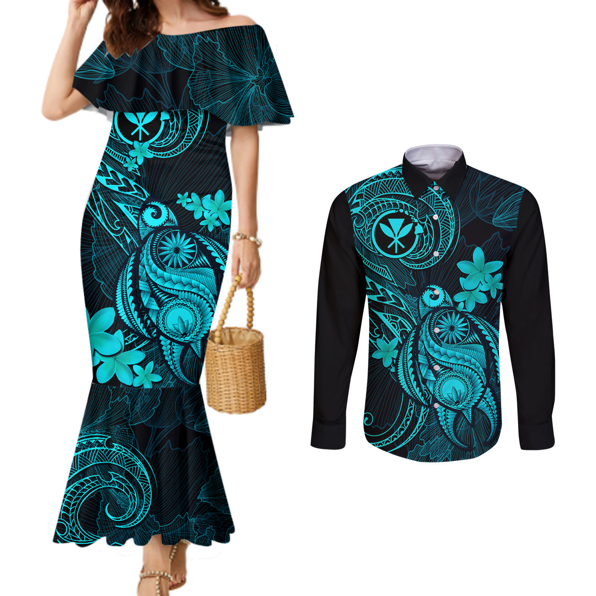 hawaii-couples-matching-mermaid-dress-and-long-sleeve-button-shirts-turtle-mix-polynesian-plumeria-turquoise-version