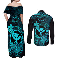 Hawaii Couples Matching Off Shoulder Maxi Dress and Long Sleeve Button Shirts Turtle Mix Polynesian Plumeria Turquoise Version - Wonder Print Shop