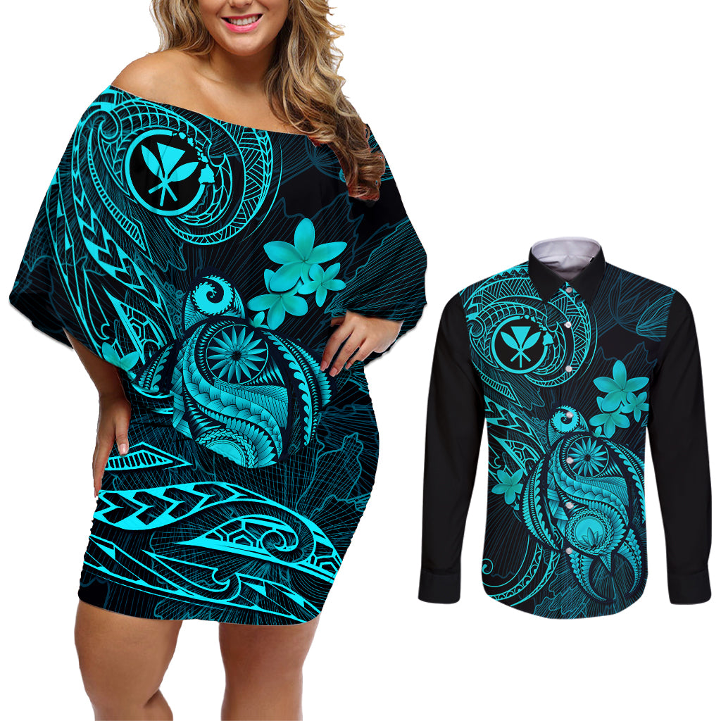 Hawaii Couples Matching Off Shoulder Short Dress and Long Sleeve Button Shirts Turtle Mix Polynesian Plumeria Turquoise Version - Wonder Print Shop