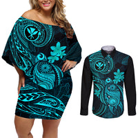 Hawaii Couples Matching Off Shoulder Short Dress and Long Sleeve Button Shirts Turtle Mix Polynesian Plumeria Turquoise Version - Wonder Print Shop