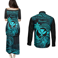 Hawaii Couples Matching Puletasi Dress and Long Sleeve Button Shirts Turtle Mix Polynesian Plumeria Turquoise Version - Wonder Print Shop