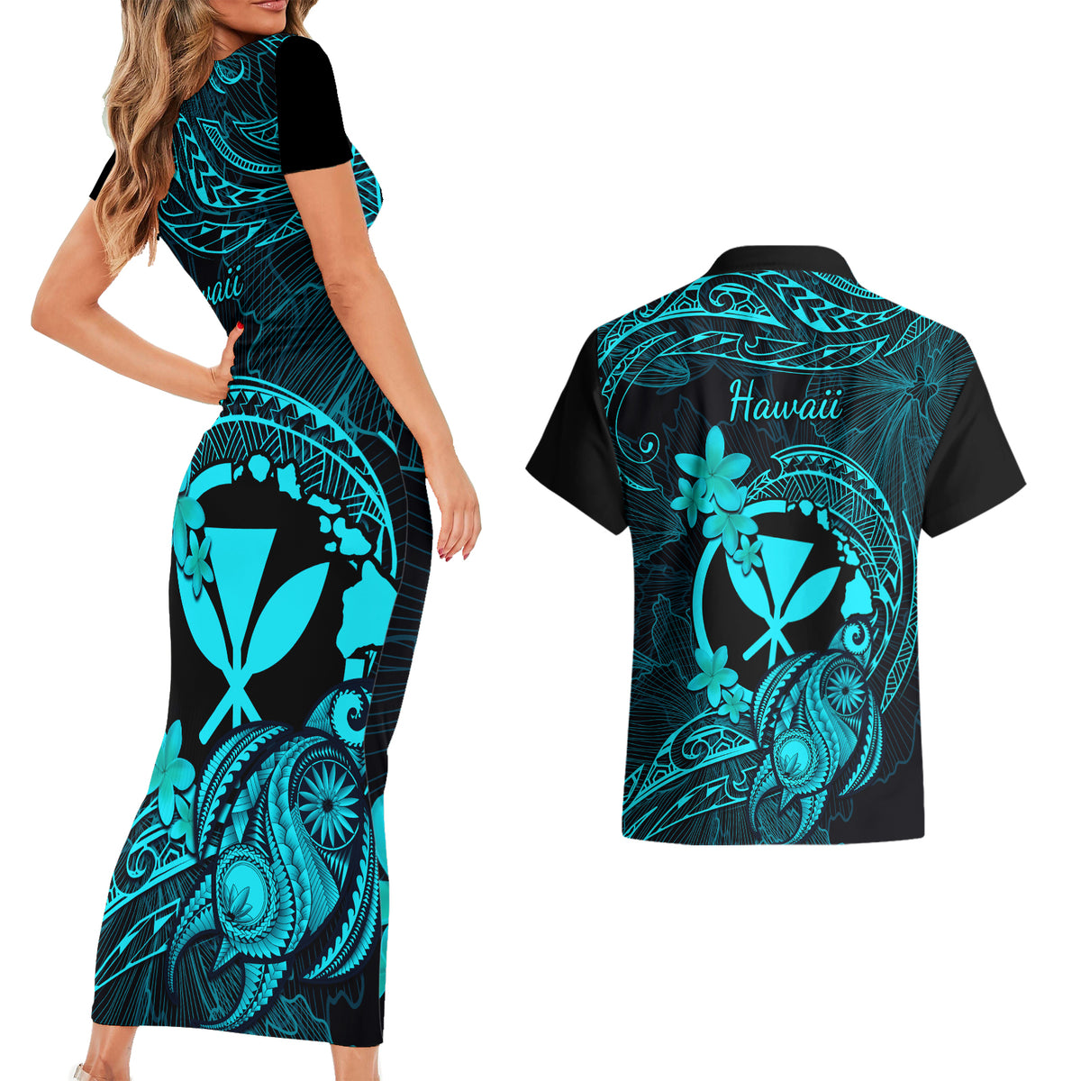 Hawaii Couples Matching Short Sleeve Bodycon Dress and Hawaiian Shirt Turtle Mix Polynesian Plumeria Turquoise Version - Wonder Print Shop