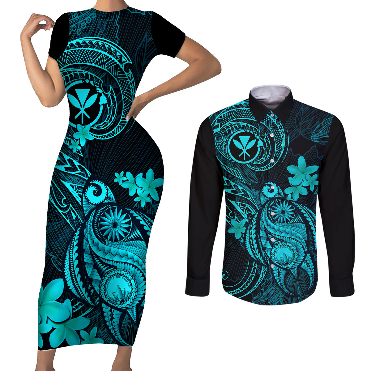 Hawaii Couples Matching Short Sleeve Bodycon Dress and Long Sleeve Button Shirts Turtle Mix Polynesian Plumeria Turquoise Version - Wonder Print Shop