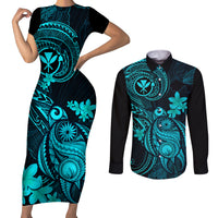 Hawaii Couples Matching Short Sleeve Bodycon Dress and Long Sleeve Button Shirts Turtle Mix Polynesian Plumeria Turquoise Version - Wonder Print Shop