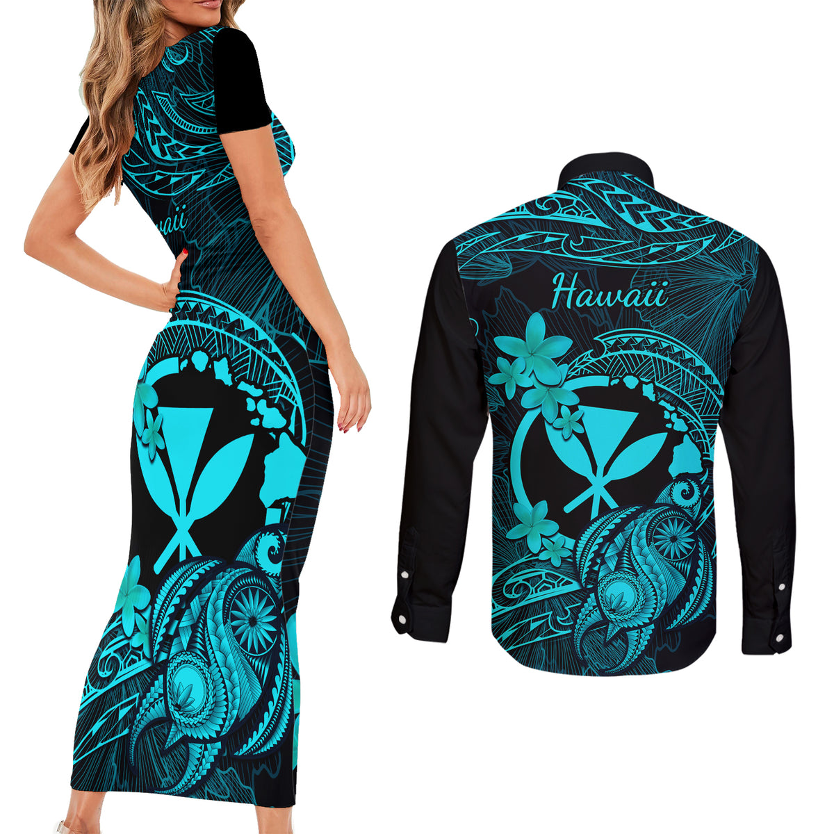 Hawaii Couples Matching Short Sleeve Bodycon Dress and Long Sleeve Button Shirts Turtle Mix Polynesian Plumeria Turquoise Version - Wonder Print Shop