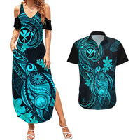 Hawaii Couples Matching Summer Maxi Dress and Hawaiian Shirt Turtle Mix Polynesian Plumeria Turquoise Version - Wonder Print Shop