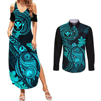 Hawaii Couples Matching Summer Maxi Dress and Long Sleeve Button Shirts Turtle Mix Polynesian Plumeria Turquoise Version - Wonder Print Shop
