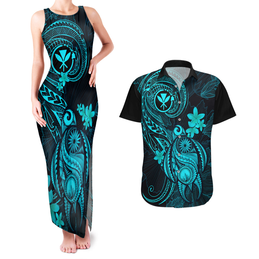 Hawaii Couples Matching Tank Maxi Dress and Hawaiian Shirt Turtle Mix Polynesian Plumeria Turquoise Version - Wonder Print Shop