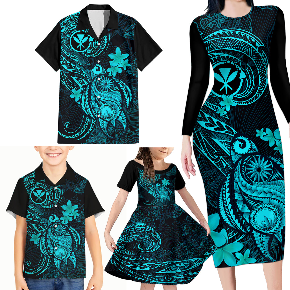 Hawaii Family Matching Long Sleeve Bodycon Dress and Hawaiian Shirt Turtle Mix Polynesian Plumeria Turquoise Version - Wonder Print Shop