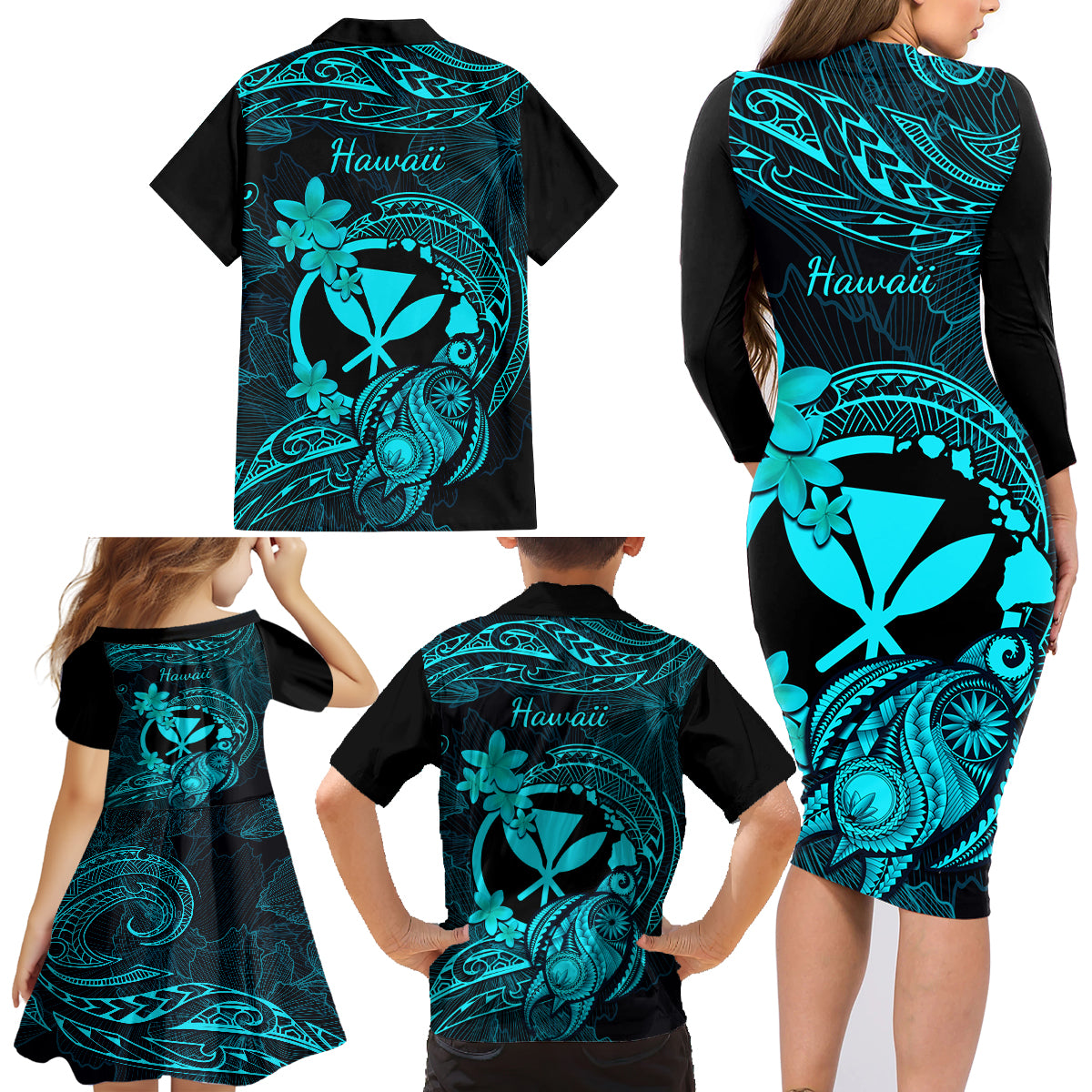 Hawaii Family Matching Long Sleeve Bodycon Dress and Hawaiian Shirt Turtle Mix Polynesian Plumeria Turquoise Version - Wonder Print Shop