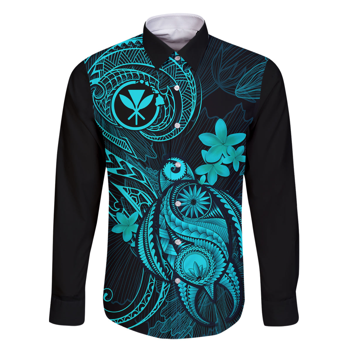 Hawaii Family Matching Long Sleeve Bodycon Dress and Hawaiian Shirt Turtle Mix Polynesian Plumeria Turquoise Version - Wonder Print Shop