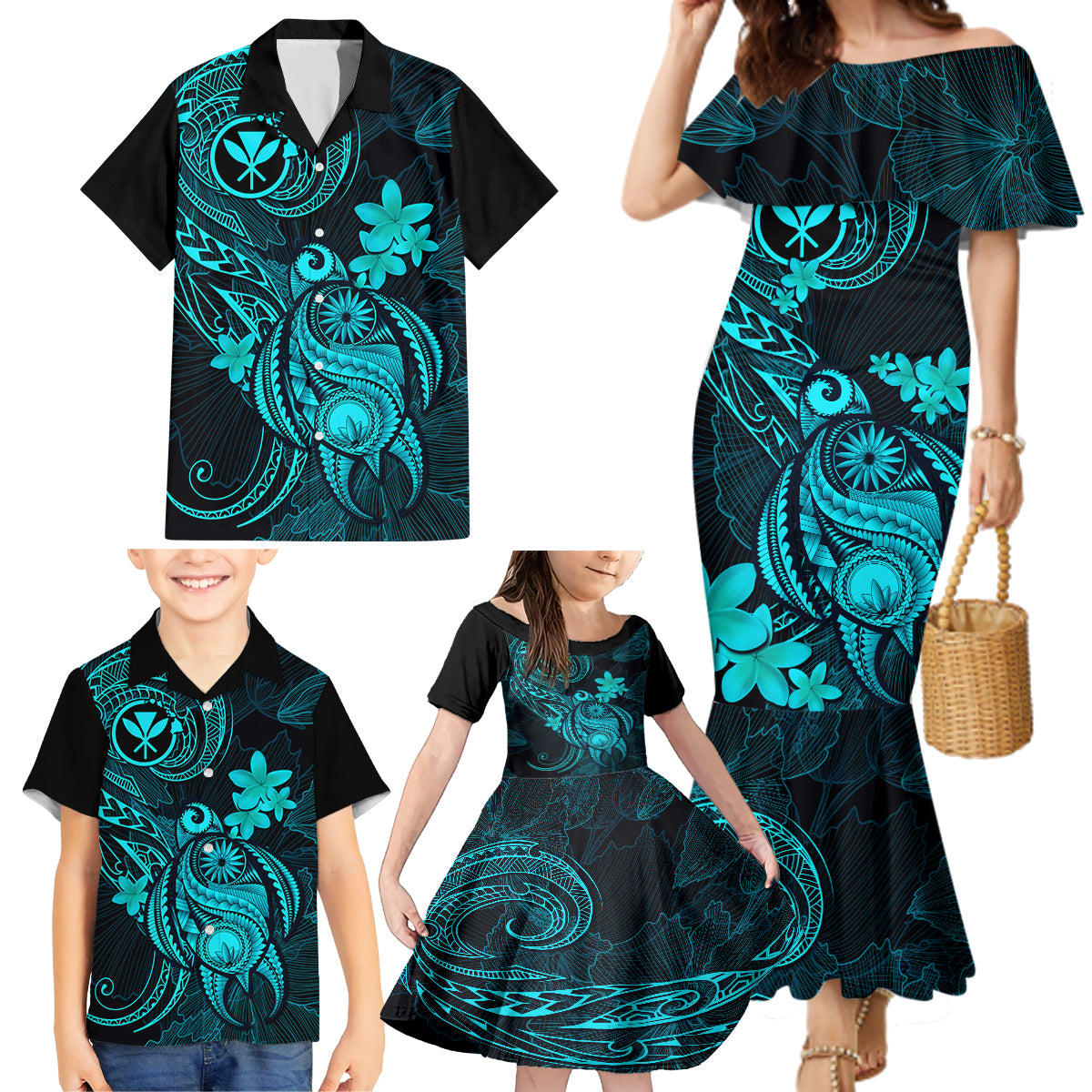 Hawaii Family Matching Mermaid Dress and Hawaiian Shirt Turtle Mix Polynesian Plumeria Turquoise Version - Wonder Print Shop