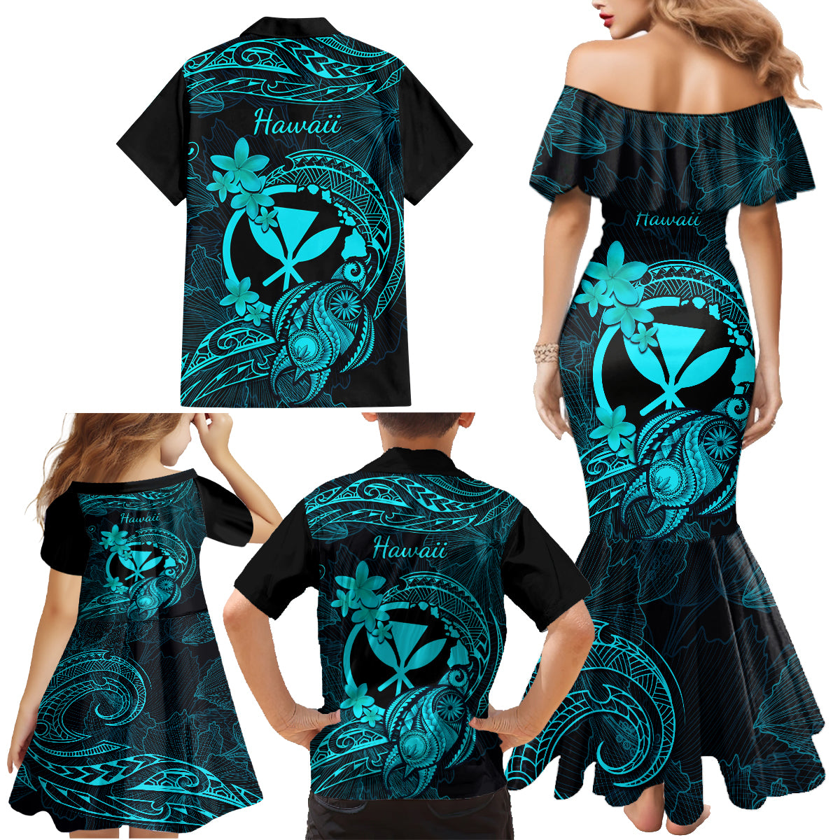 Hawaii Family Matching Mermaid Dress and Hawaiian Shirt Turtle Mix Polynesian Plumeria Turquoise Version - Wonder Print Shop
