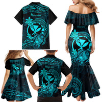 Hawaii Family Matching Mermaid Dress and Hawaiian Shirt Turtle Mix Polynesian Plumeria Turquoise Version - Wonder Print Shop