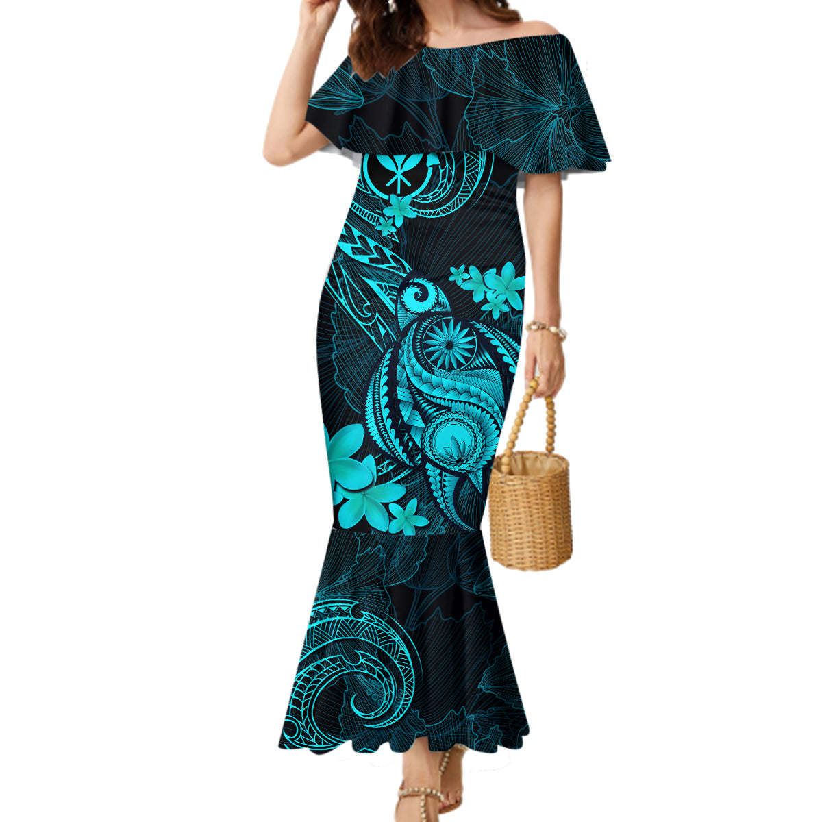 Hawaii Family Matching Mermaid Dress and Hawaiian Shirt Turtle Mix Polynesian Plumeria Turquoise Version - Wonder Print Shop