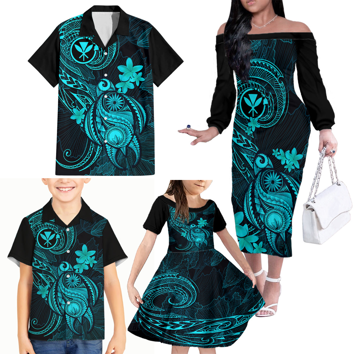 Hawaii Family Matching Off Shoulder Long Sleeve Dress and Hawaiian Shirt Turtle Mix Polynesian Plumeria Turquoise Version - Wonder Print Shop