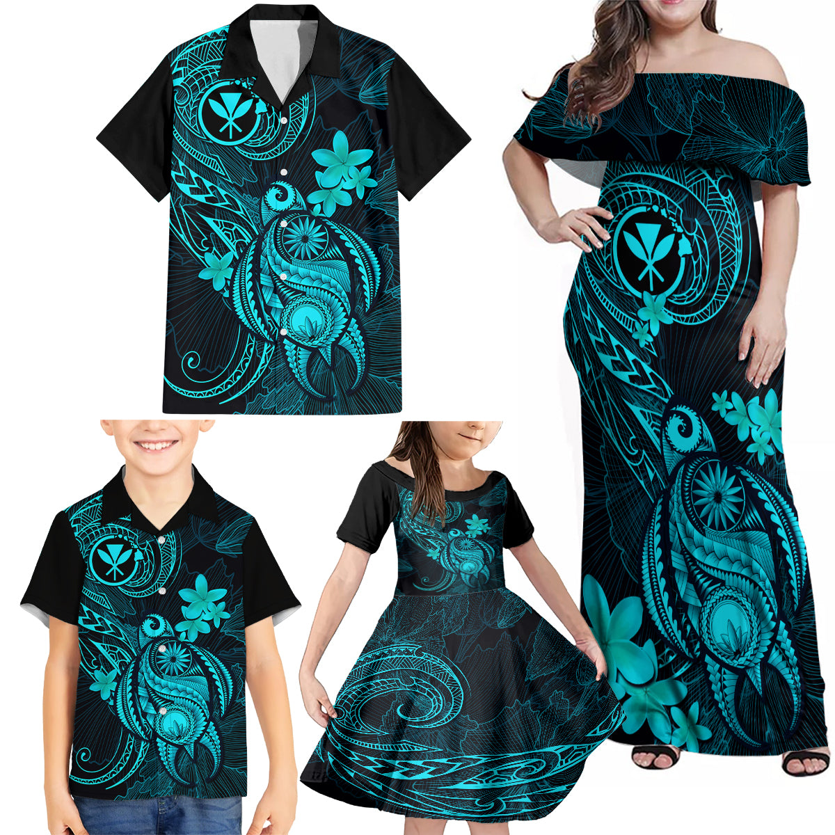Hawaii Family Matching Off Shoulder Maxi Dress and Hawaiian Shirt Turtle Mix Polynesian Plumeria Turquoise Version - Wonder Print Shop
