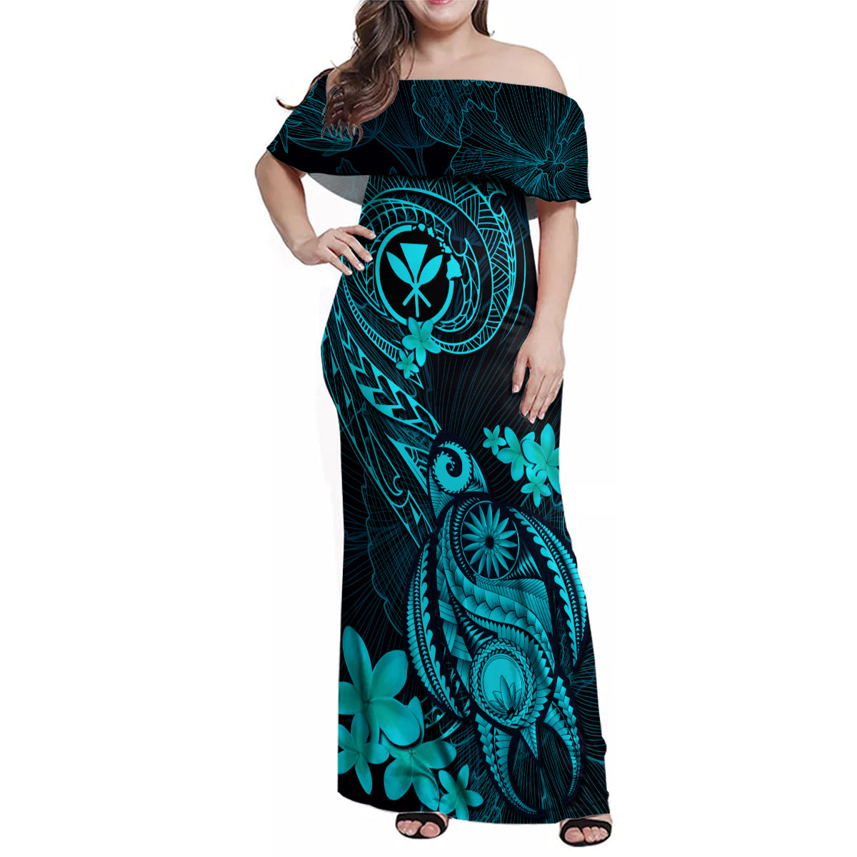 Hawaii Family Matching Off Shoulder Maxi Dress and Hawaiian Shirt Turtle Mix Polynesian Plumeria Turquoise Version - Wonder Print Shop