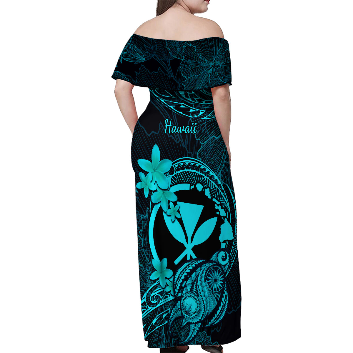 Hawaii Family Matching Off Shoulder Maxi Dress and Hawaiian Shirt Turtle Mix Polynesian Plumeria Turquoise Version - Wonder Print Shop