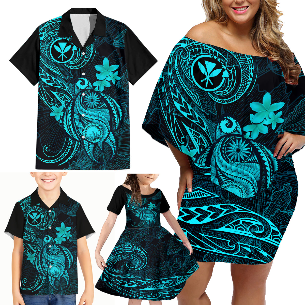 Hawaii Family Matching Off Shoulder Short Dress and Hawaiian Shirt Turtle Mix Polynesian Plumeria Turquoise Version - Wonder Print Shop