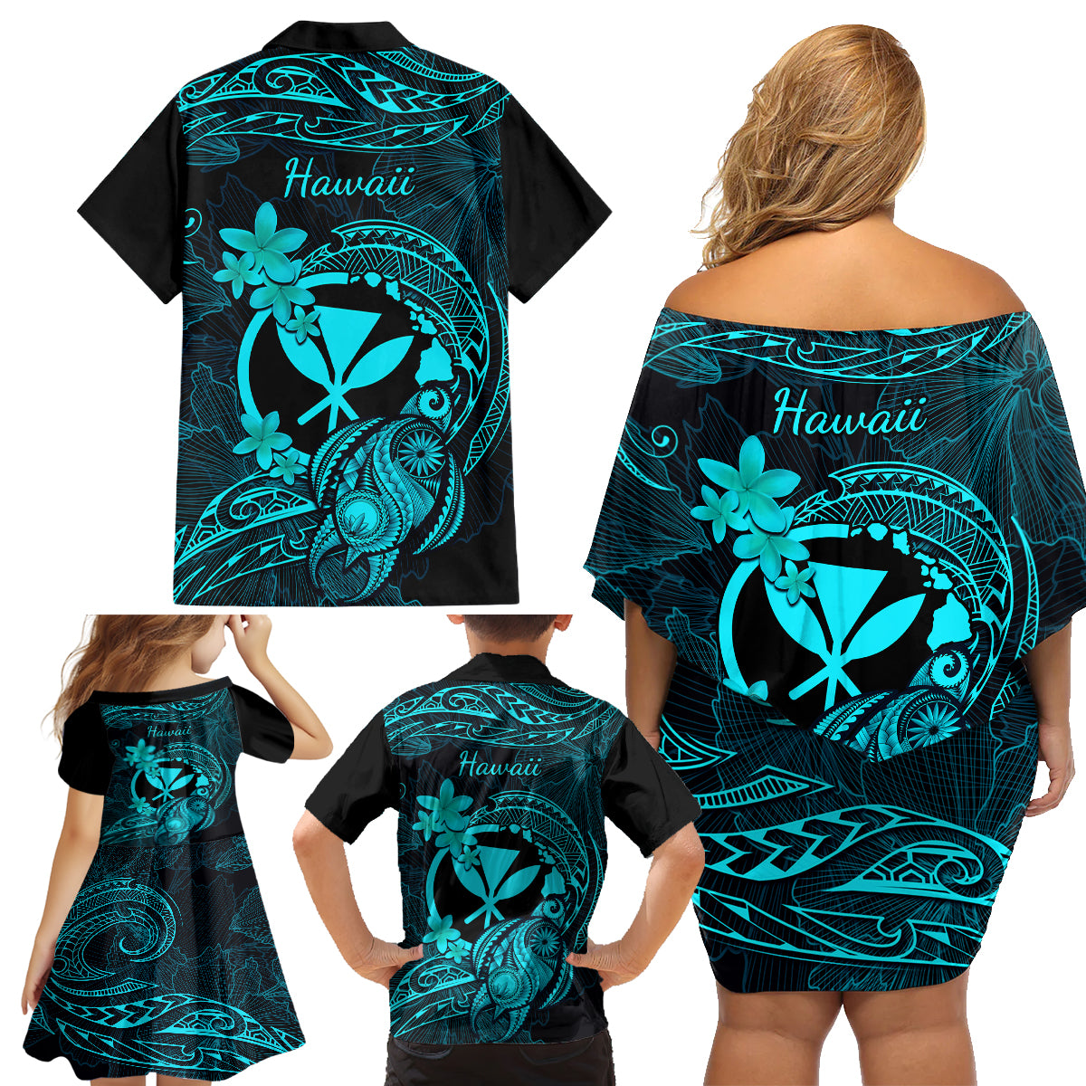 Hawaii Family Matching Off Shoulder Short Dress and Hawaiian Shirt Turtle Mix Polynesian Plumeria Turquoise Version - Wonder Print Shop