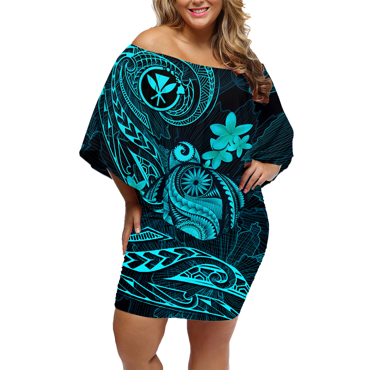Hawaii Family Matching Off Shoulder Short Dress and Hawaiian Shirt Turtle Mix Polynesian Plumeria Turquoise Version - Wonder Print Shop