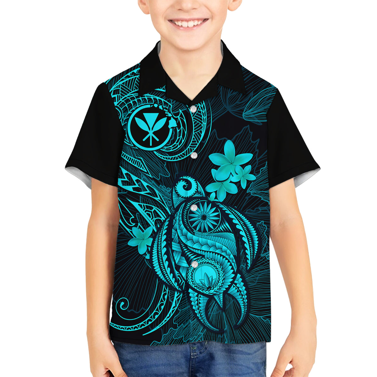 Hawaii Family Matching Off Shoulder Short Dress and Hawaiian Shirt Turtle Mix Polynesian Plumeria Turquoise Version - Wonder Print Shop