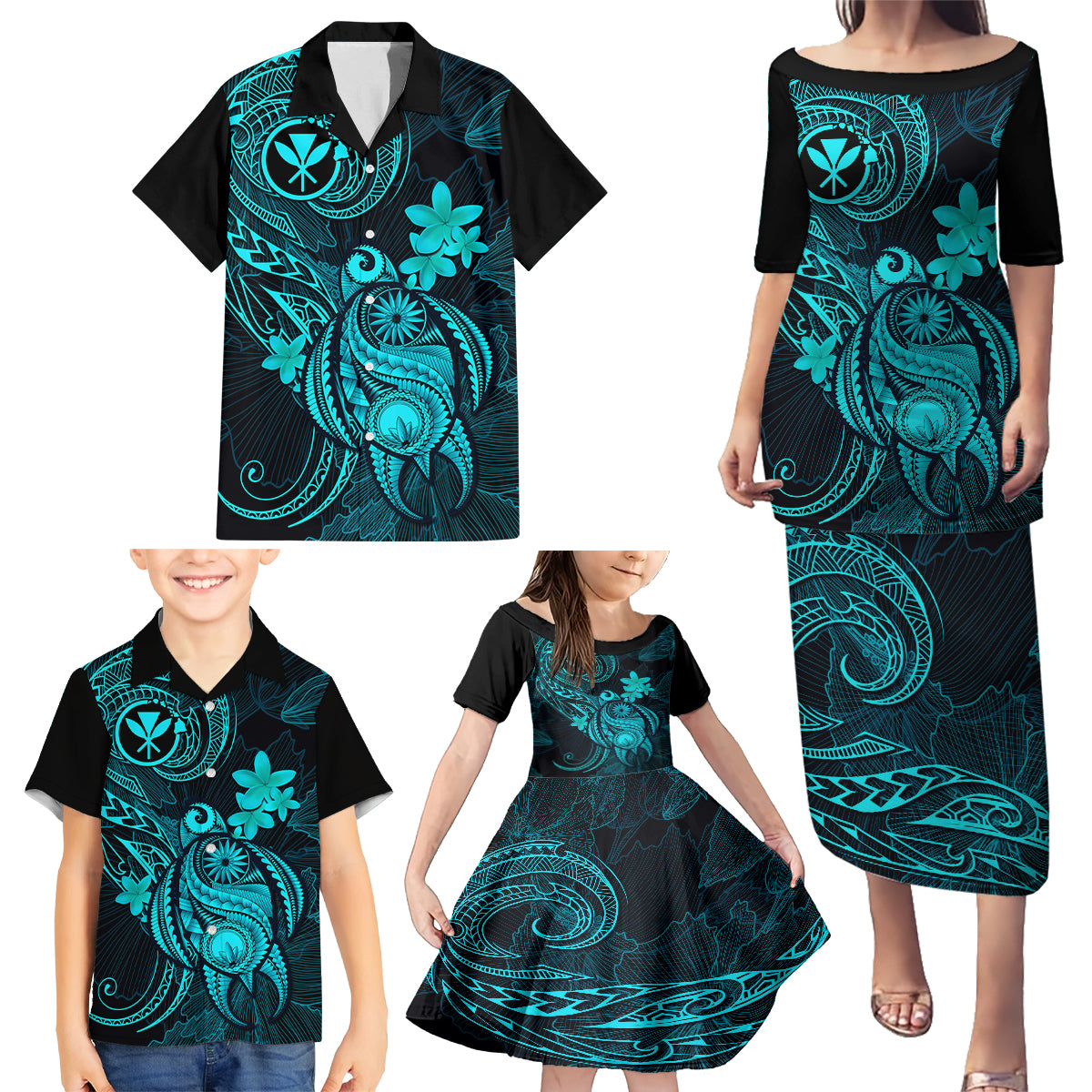 Hawaii Family Matching Puletasi Dress and Hawaiian Shirt Turtle Mix Polynesian Plumeria Turquoise Version - Wonder Print Shop